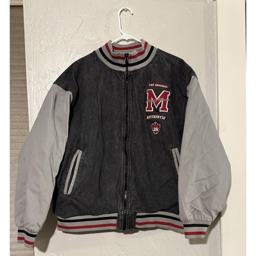 Vintage Mickey Mouse Varsity Denim Bomber Jacket 90s Jean L See Description